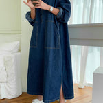 Long Sleeves Loose Buttoned Pockets Solid Color Split-Joint Split-Side Lapel Maxi Dresses Shirt Dress