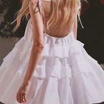 High Waisted Loose Backless Layered Pleated Solid Color Tied Spaghetti-Neck Mini Dresses