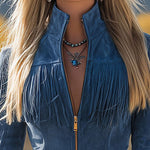 Retro Western Style Zippered Collar Blue Fringed Faux Suede Mini Dress