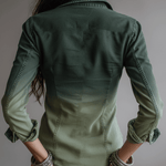 Casual Green Gradient Workwear Pocket Denim Zip-Up Blouse
