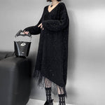 Irregularity Long Sleeves Contrast Color Sequined Shiny Split-Joint Tasseled V-Neck Midi Dresses Sweater Dresses