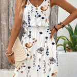 Loose Sleeveless Buttoned Elasticity Flower Print Tied V-Neck Mini Dresses