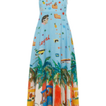 Summer Energy Linen Blend Unique Print Smocked Back Pocketed Midi Dress