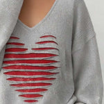 Women'S Casual Loose-Fitting V-Neck Heart-Patterned Sweater