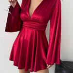 Bodycon Elasticated Waist Solid Color Deep V-Neck Mini Dresses