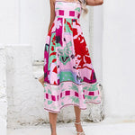 High Waisted Sleeveless Pleated Printed Split-Joint Collarless Midi Dresses Slip Dress