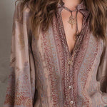 Boho Paisley Sheer Blouse With Lace Cuffs