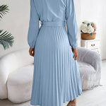 High Waisted Long Sleeves Belted Buttoned Pleated Solid Color V-Neck Maxi Dresses