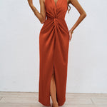 Loose Sleeveless Pleated Split-Front Split-Joint V-Neck Maxi Dresses