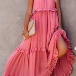 Vittoria Shirred Ruffle Tiered Maxi Halter Dress
