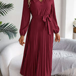High Waisted Long Sleeves Belted Buttoned Pleated Solid Color V-Neck Maxi Dresses