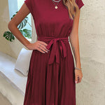 A-Line Loose Pleated Solid Color Tied Waist Round-Neck Midi Dresses