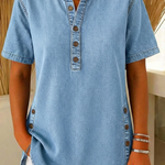 NatureQueens Women's Loose Denim Top - V Neck Short Sleeve Casual Button Up Cotton Blouse