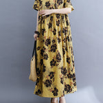 Loose Short Sleeves Pleated Printed Split-Joint Round-Neck Midi Dresses