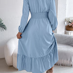 A-Line Elasticated Waist Pleated Solid Color Round-Neck Maxi Dresses