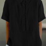 Women's Solid Color Cotton And Linen Lapel Short Sleeved Casual Blouse