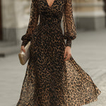 Leopard Print Wrap Midi Dress With Long Sleeves