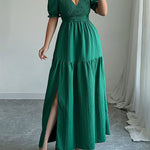 Half Sleeves High Waisted Pleated Solid Color Split-Front V-Neck Maxi Dresses