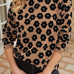 Mock Neck Floral Print Knitted Sweater Color Block Light Weight Sweater
