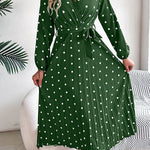 A-Line High Waisted Elasticity Pleated Polka-Dot Split-Joint Tied Waist V-Neck Midi Dresses Shirt Dress