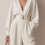Long Sleeves Puff Sleeves Belted Hollow Solid Color Deep V-Neck Jumpsuits