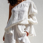 Flared Sleeves Loose Asymmetric Elasticity Pleated Solid Color Split-Joint One-Shoulder Blouses&Shirts Tops