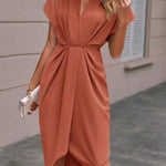 High-Low Loose Knot Pleated Solid Color Split-Front V-Neck Midi Dresses
