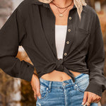 Loose Pocket Lapel Button Textured Blouse