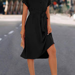 A-Line High Waisted Buttoned Solid Color Tied Waist Lapel Collar Midi Dresses Shirt Dress