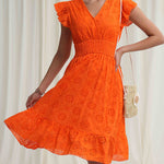 A-Line Loose Elasticity Hollow Pleated Solid Color V-Neck Mini Dresses
