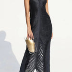 Margovil Chicest Halter Draped Fringe Maxi Party Dress