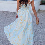 Margovil Ruffled Shoulder Bow Knot Waist Slit Printed Vintage Party Dress