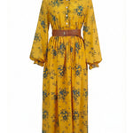 A-Line Elasticated Waist Belted Buttoned Contrast Color Flower Print Pleated Split-Joint Lapel Maxi Dresses Shirt Dress