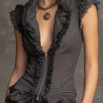 Vintage Elegant Charcoal Pinstripe Ruffle Two-Piece Set