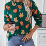 Maple Leaf Pattern Jacquard Casual Pullover Sweater for Women