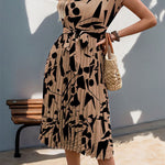 High Waisted Sleeveless Abstract Printed Contrast Color Pleated Polka-Dot Split-Joint Tied Waist Round-Neck Midi Dresses