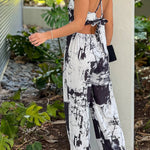 BLACK AND WHITE PRINTED JUMPSUIT WITH CRISS CROSS BACK
