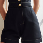 Tailored Button-Front Denim Short Jumpsuit With Short Sleeves