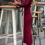 Column Ribbed Maxi Dress with Crew Neck in Burgundy