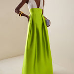 A-Line High Waisted Contrast Color Pleated Zipper Deep V-Neck Maxi Dresses