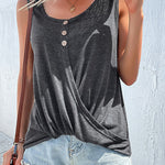 Kink T-Shirt Solid Color Cross Button Round Neck Sleeveless Tank Top
