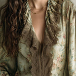 Vintage Lace Ruffle Trim Floral Chiffon Blouse With Smocked Cuffs