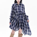 High-Low Irregularity Elasticity Plaid Lapel Collar Midi Dresses