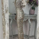 Glitzy Glamour Sequin High Rise Elastic Waist Wide Leg Pants