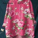 Women's Artistic Flower Pattern Cotton and Linen Short Sleeve Top
