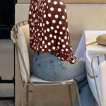 Polka Dot Print Tie-waist Lantern Sleeve Elegant Loose Shirt