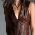 Chocolate Brown Eco Leather Zip-Front Mini Dress With Utility Pockets