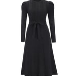High Waisted Long Sleeves Solid Color Tied Waist Round-Neck Midi Dresses Sweater Dresses