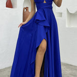 Perfect Soiree Crossover Neck Back Tie-up Ruffles Slit Maxi Dress