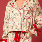 Christmas Print Lace-up Cuff Top and Elastic Waistband Pocket Casual Shorts Set
